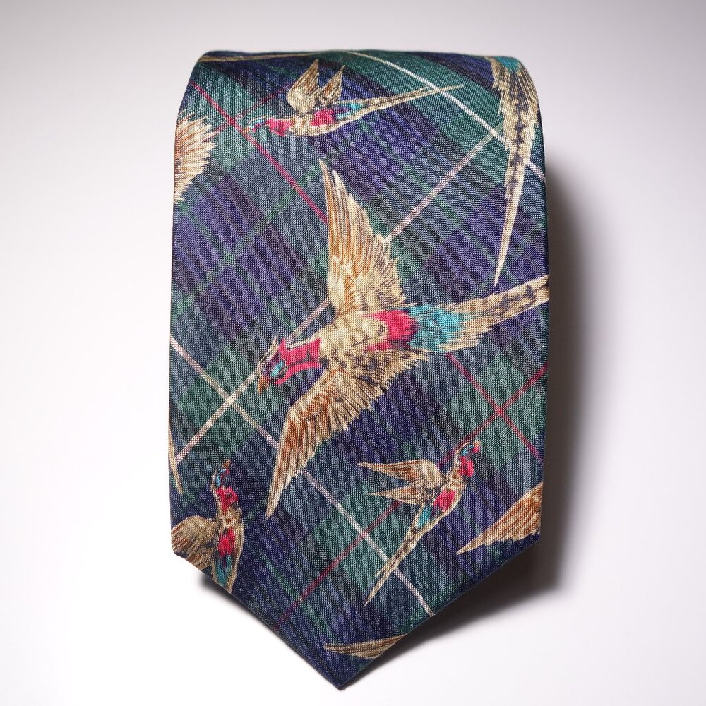 Vintage Ralph Lauren Plaid Pheasant Silk Tie Hand Made In USA